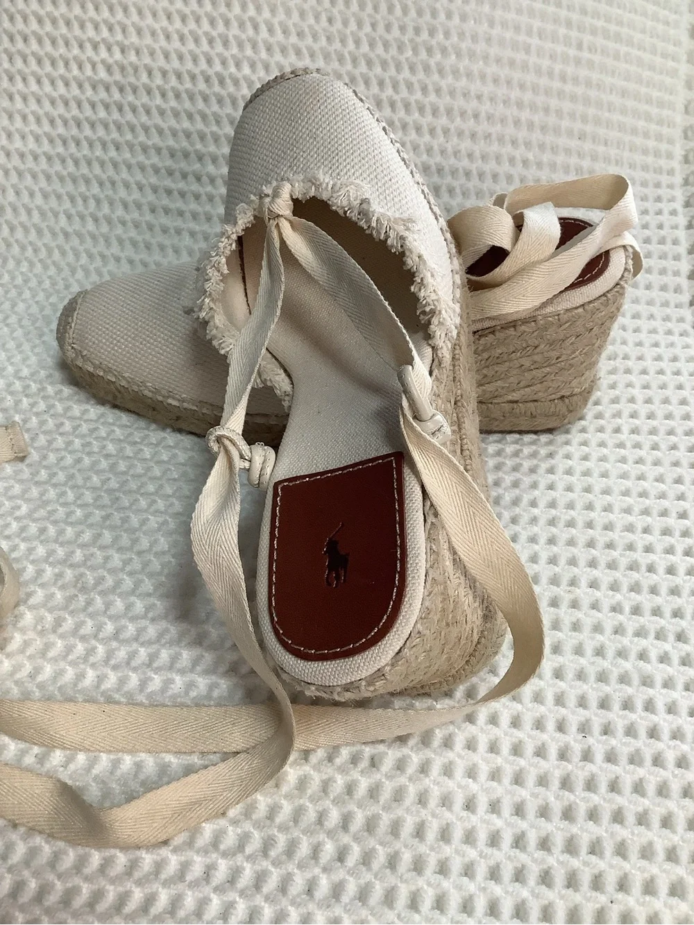 Polo Ralph Lauren Canvas Lace Up Espadrille Wedge Sandals Womens Size 7B Ivory
